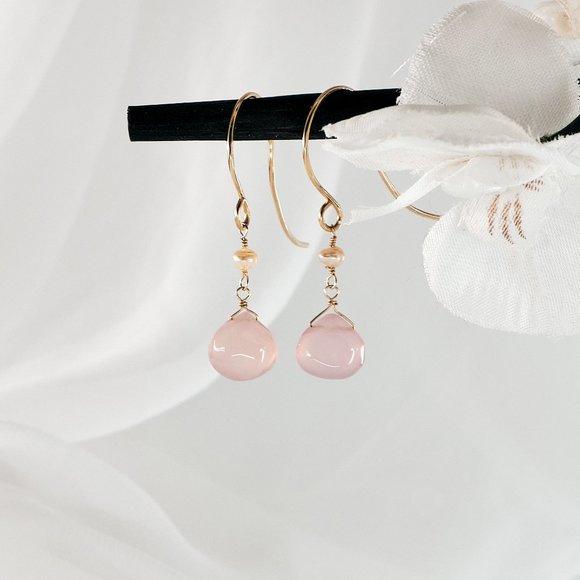 Pink Chalcedony & Pearl Earrings, 14K Gold Filled Gemstone Earrings - Picture 5 of 13